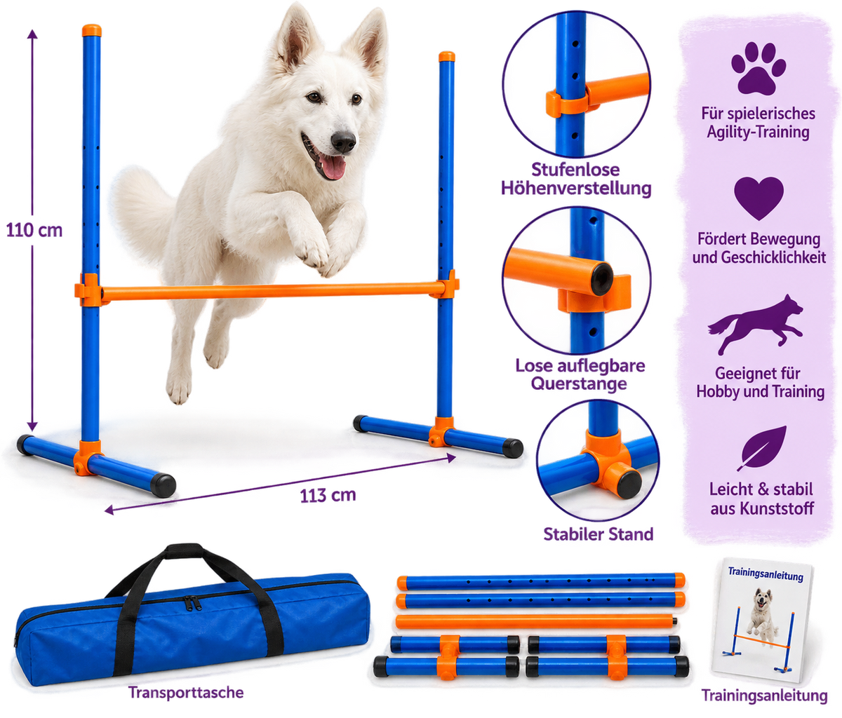 Fun Agility Hürde, Kunststoff, 113 × 110 cm, ø 3 cm, blau/orange